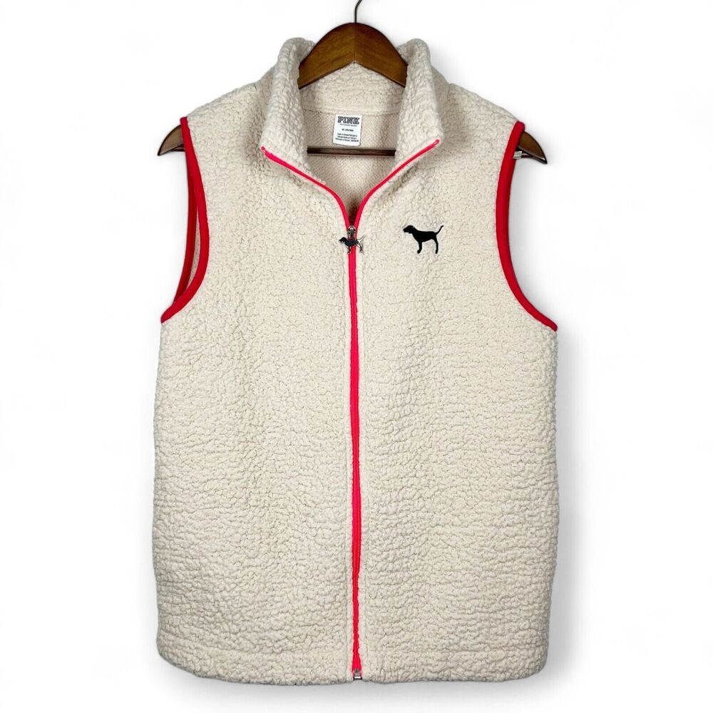Victoria's Secret Beige Cream Sherpa Full Zip Vest Dog Logo Women's Medium